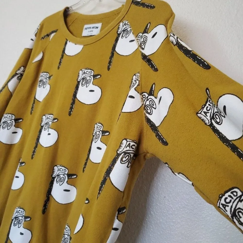 Snoopy Acid F cking Awesome Tee Rare Size XL Yellow Mustard Terry Cloth Inside